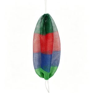 MOKALUN African net bath sponge with white hanging loops on a white background