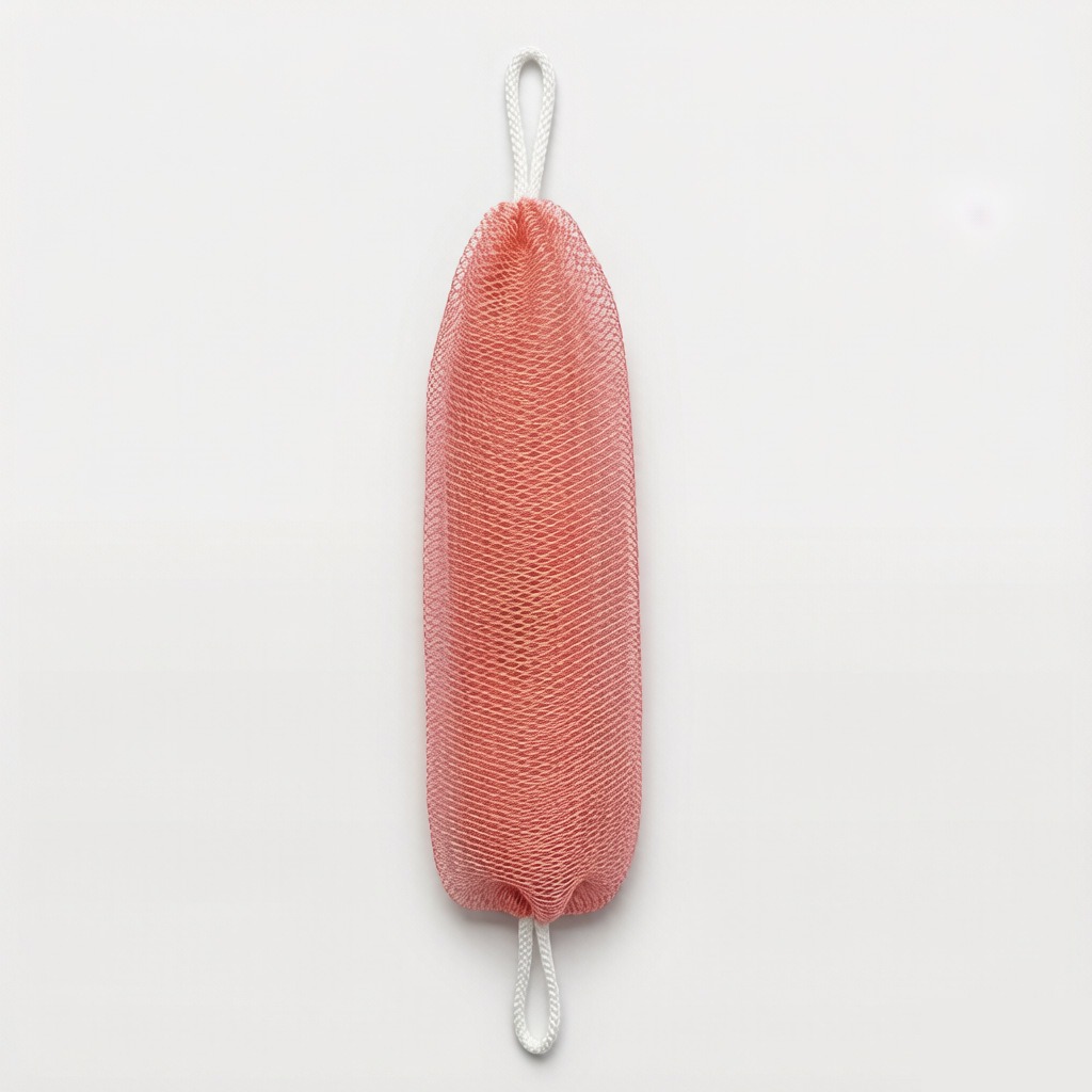Coral MOKALUN African net bath sponge with hanging loops on a light background