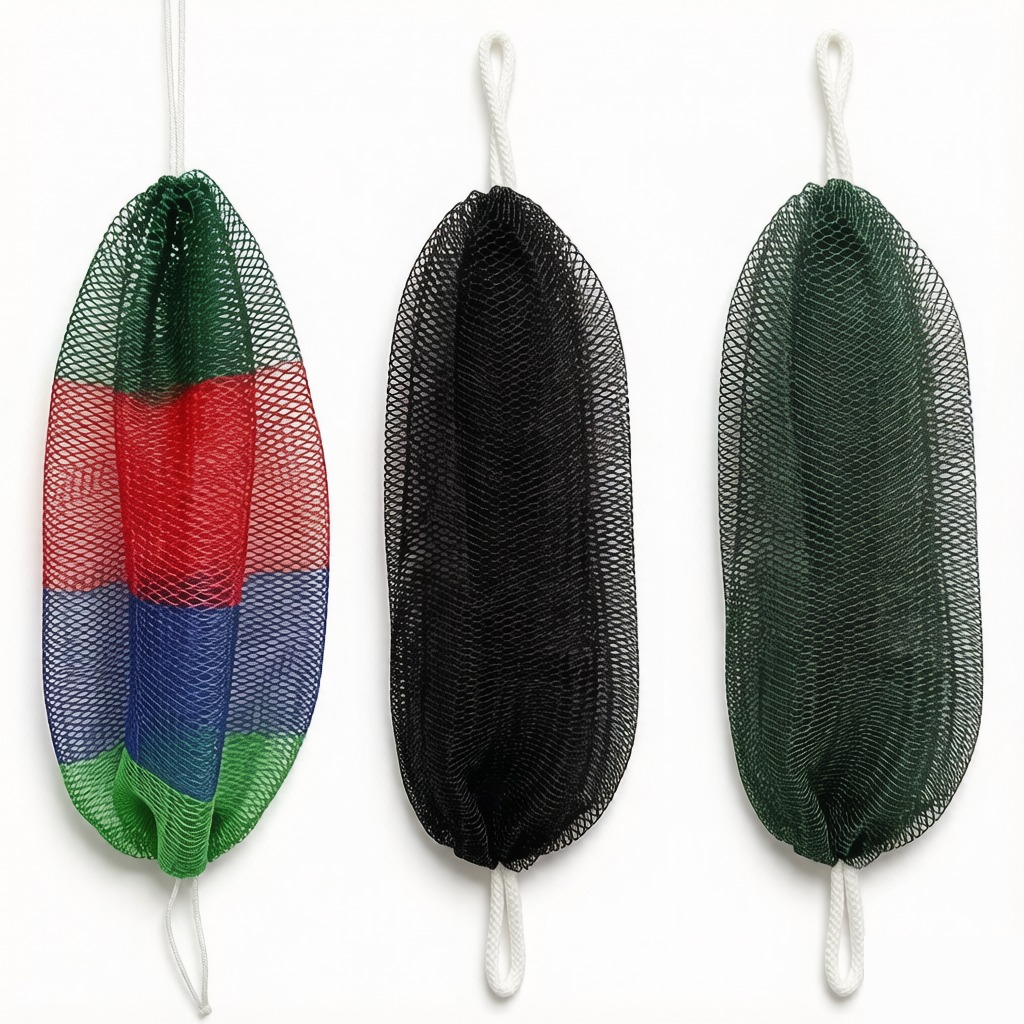 Three MOKALUN African net bath sponges in multicolor, black and dark green side by side