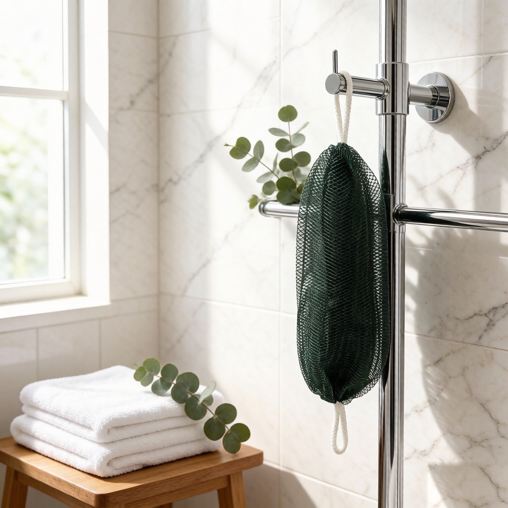 Dark green MOKALUN African net bath sponge hanging on a chrome shower rail in a marble bathroom